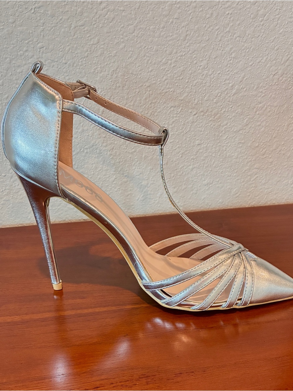 Metallic Silver T-Strap Pointed Stiletto Heels